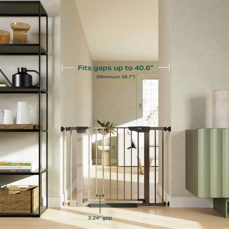 Cumbor 29.7-40.6" Baby Gate for Stairs, Mom's Choice Awards Winner-Dog Gate for Doorways, Pressure Mounted Auto-Close Pet Gates for Dogs Indoor, Safety Child Gate with Easy Walk Thru Door, Brown - Image 2