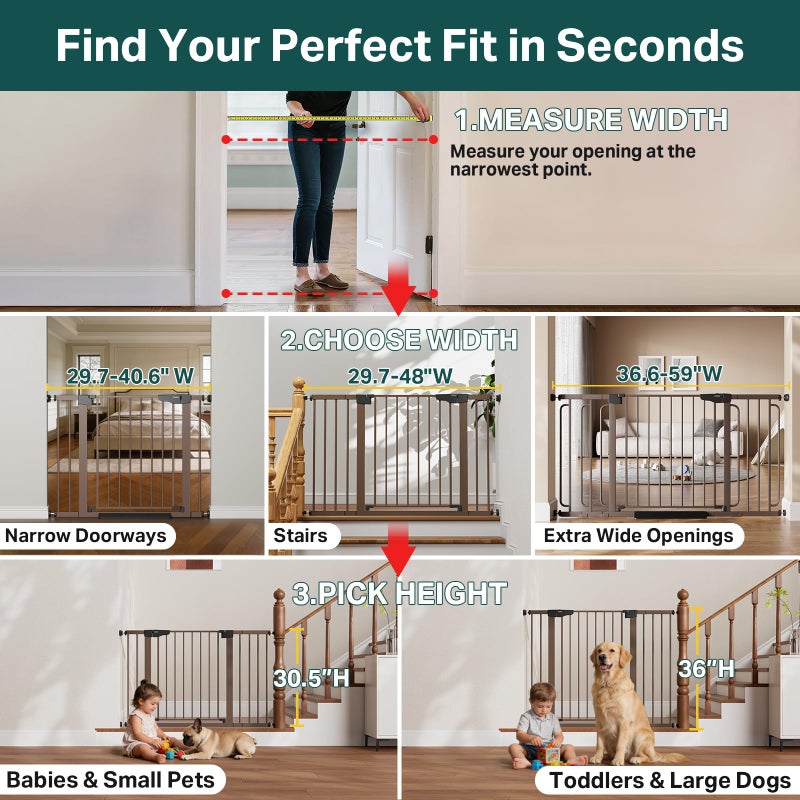 Cumbor 29.7-40.6" Baby Gate for Stairs, Mom's Choice Awards Winner-Dog Gate for Doorways, Pressure Mounted Auto-Close Pet Gates for Dogs Indoor, Safety Child Gate with Easy Walk Thru Door, Brown - Image 3