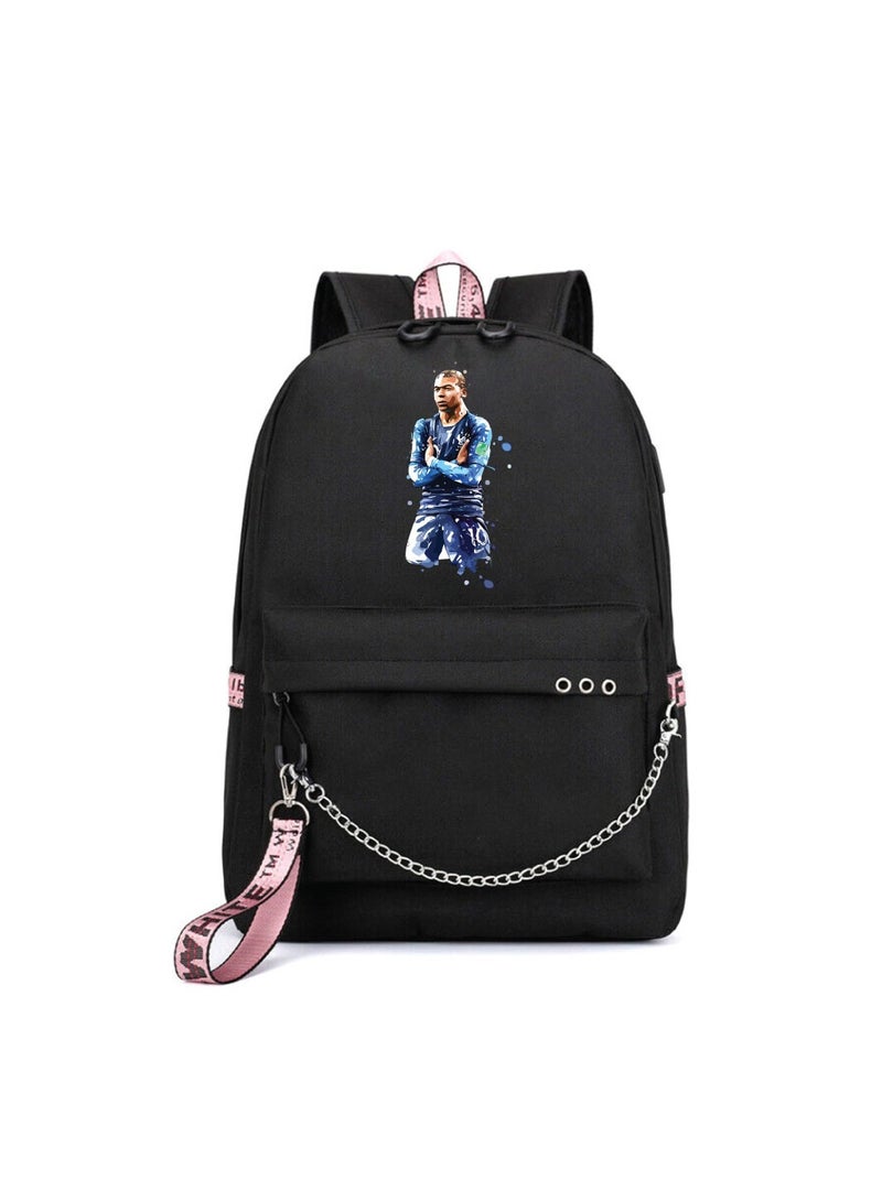 Football Super Hero Mbappe Printed Backpack - Perfect for Football Sports Fan for School - Travel Bag with Charging Port For Boys - Black - Image 1