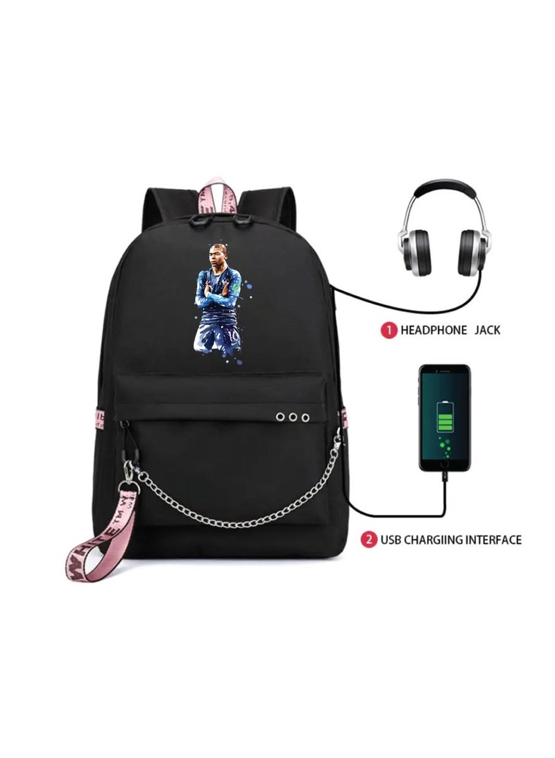 Football Super Hero Mbappe Printed Backpack - Perfect for Football Sports Fan for School - Travel Bag with Charging Port For Boys - Black - Image 2