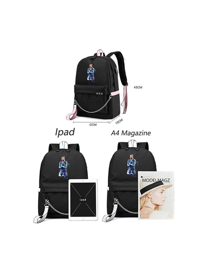 Football Super Hero Mbappe Printed Backpack - Perfect for Football Sports Fan for School - Travel Bag with Charging Port For Boys - Black - Image 3