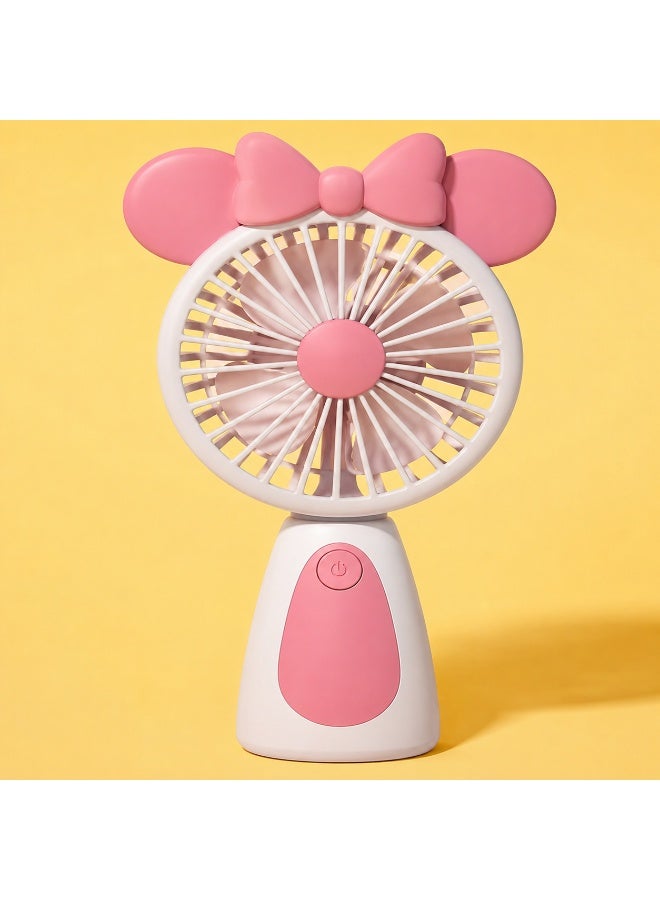 Bow Cartoon 2-in-1 Handheld & Desktop Charging Fan, Pink Rechargeable Mini Fan