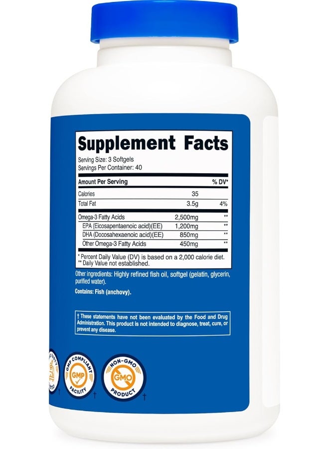 Nutricost Omega 3 Fish Oil - 2500mg, 120 Softgels (40 Serv) 1200mg EPA 850mg DHA  Non-GMO, Gluten Free - Image 5