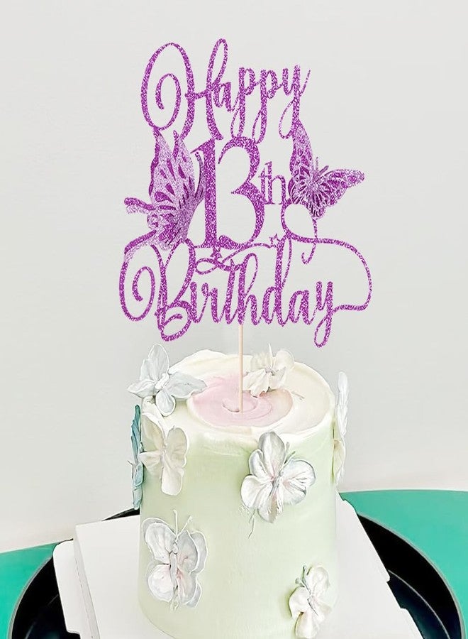 Qertesl Glitter 3D Butterfly 13th Birthday Cake Topper,Hello 13，Cheers to 13 YearsSummer Butterfly themed for Baby Shower,Boys Girls 13th Birthday Party Decorations - Image 2