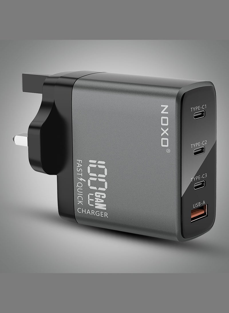 NOXO Fast Charging Adapter 100W 4-Port GaN Fast Wall Charger with PD & QC 3.0 UK Pin (Type-C & USB-A Ports) CHN-P-3 - Grey - Image 1