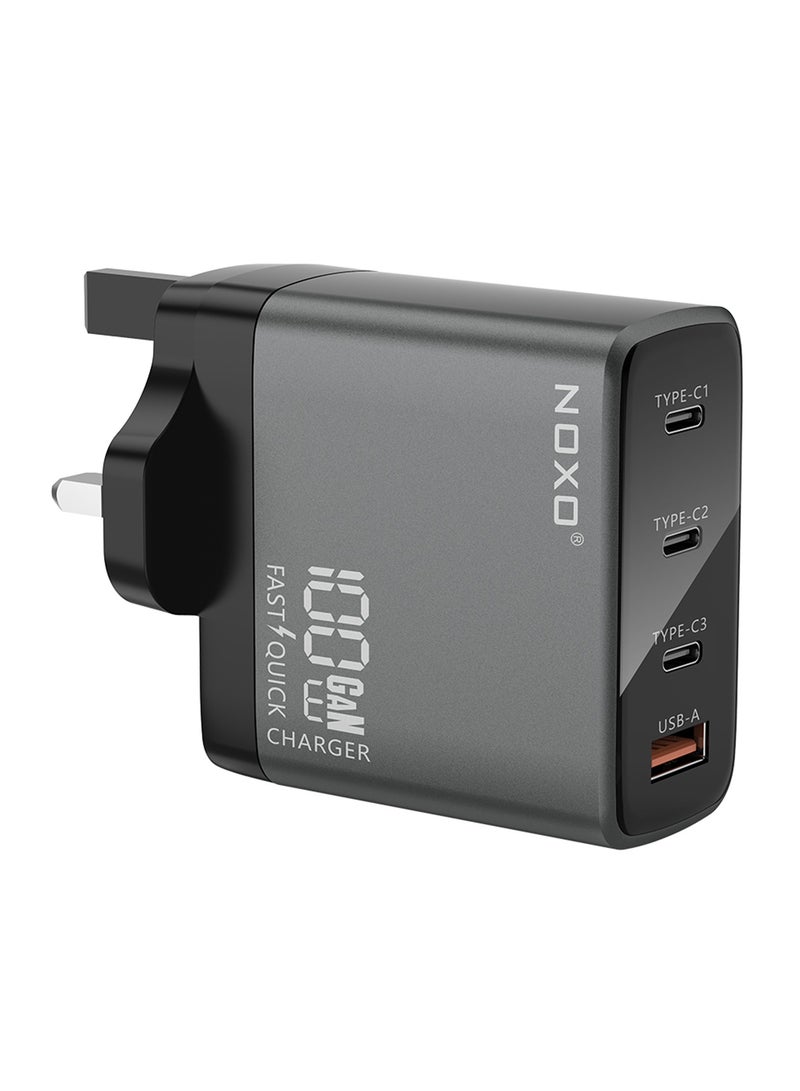 NOXO Fast Charging Adapter 100W 4-Port GaN Fast Wall Charger with PD & QC 3.0 UK Pin (Type-C & USB-A Ports) CHN-P-3 - Grey - Image 2