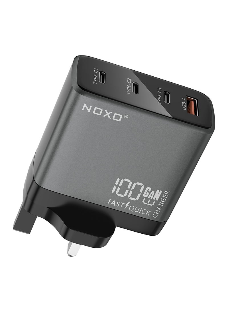 NOXO Fast Charging Adapter 100W 4-Port GaN Fast Wall Charger with PD & QC 3.0 UK Pin (Type-C & USB-A Ports) CHN-P-3 - Grey - Image 3
