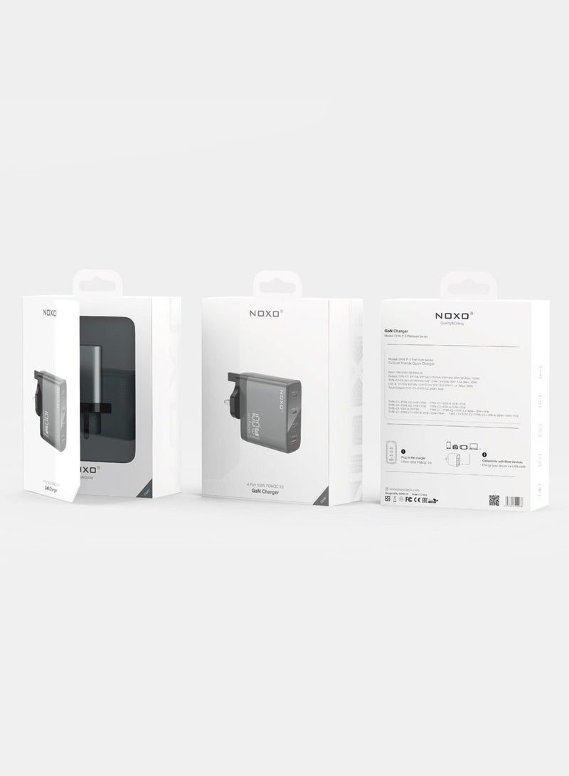 NOXO Fast Charging Adapter 100W 4-Port GaN Fast Wall Charger with PD & QC 3.0 UK Pin (Type-C & USB-A Ports) CHN-P-3 - Grey - Image 4