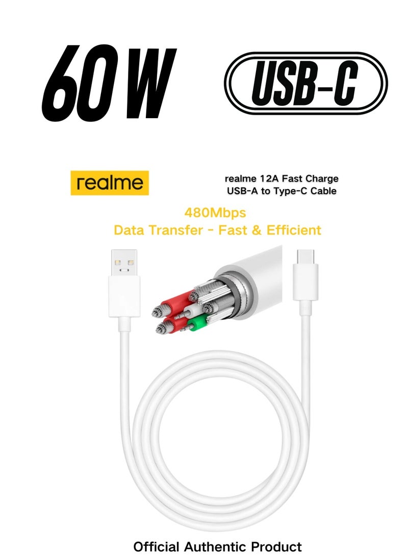 realme Authentic 1 Meter USB-A to Type-C Cable - 12A High-Speed Charging & Data Transfer Cord White - Image 1