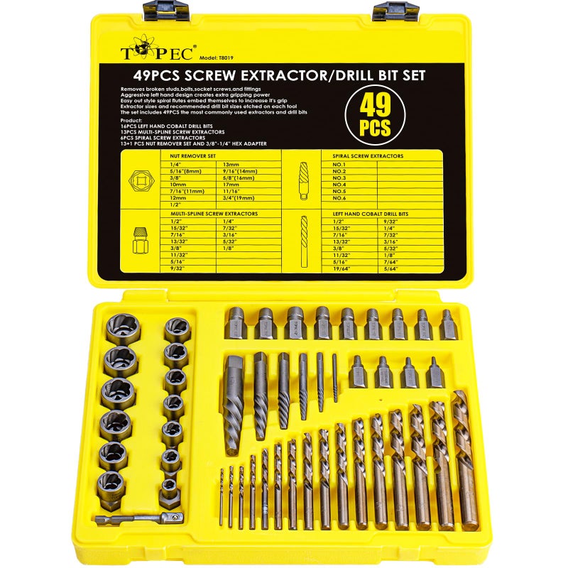 Topec 49pcs Screw Extractor/Drill Bit Set, Professional Remove Set for Removing Broken Studs, Bolts, Socket Screws and Fittings - Image 1
