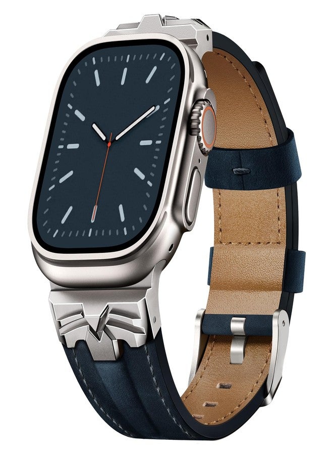 DABAOZA Compatible for Apple Watch Ultra 3 Band 49mm 46mm 45mm 44mm for Men Women, Genuine Leather Rugged Matel Connector Strap for iWatch Ultra 2 1 SE Series 11 10 9 8 7 6 5 4 (Titanium/Blue) - Image 1
