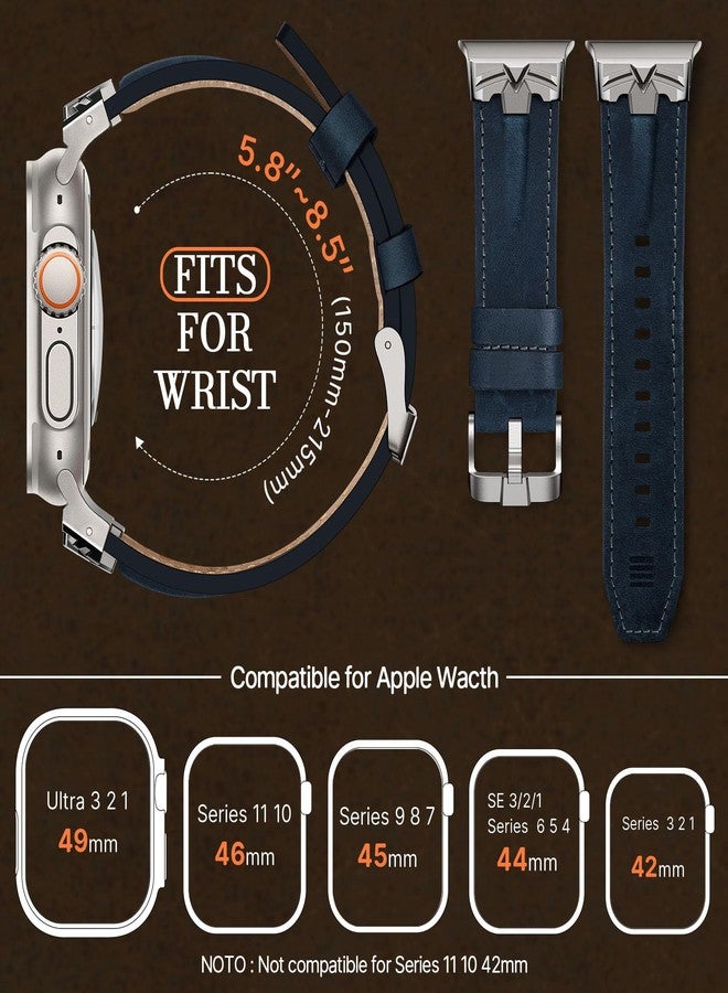 DABAOZA Compatible for Apple Watch Ultra 3 Band 49mm 46mm 45mm 44mm for Men Women, Genuine Leather Rugged Matel Connector Strap for iWatch Ultra 2 1 SE Series 11 10 9 8 7 6 5 4 (Titanium/Blue) - Image 3