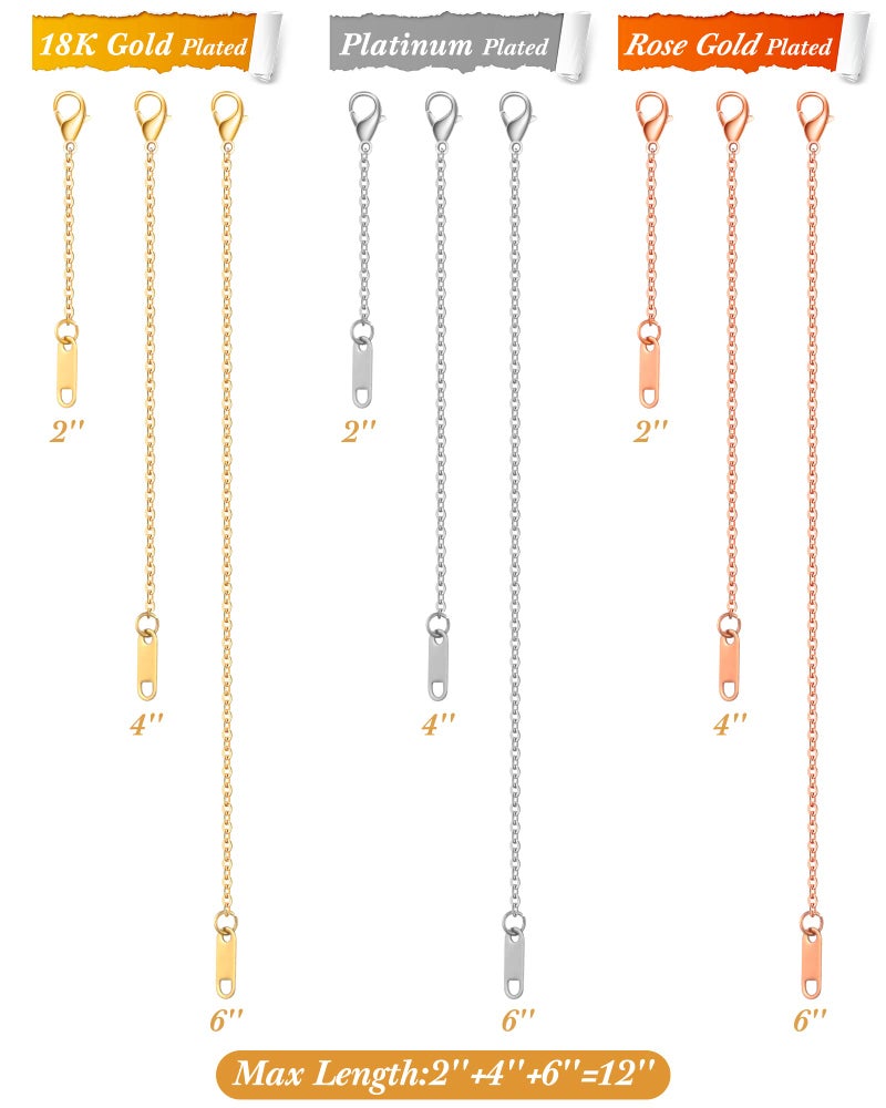 Mtlee سلسلة قلادة مطلية بالذهب عيار 18 مع ملحقات سلسلة فضية بلون وردي، مجوهرات ملحقات، قلادة رقيقة، سوار كاحل من الفولاذ المقاوم للصدأ مع مشبك (9 قطع، 2/4/6 بوصة) - Image 2