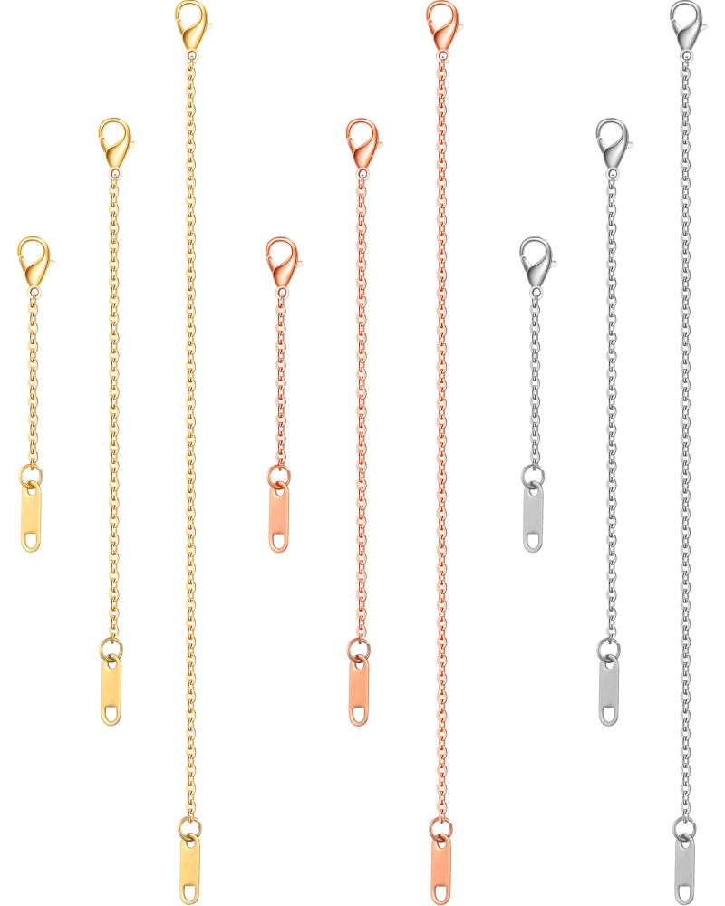 Mtlee سلسلة قلادة مطلية بالذهب عيار 18 مع ملحقات سلسلة فضية بلون وردي، مجوهرات ملحقات، قلادة رقيقة، سوار كاحل من الفولاذ المقاوم للصدأ مع مشبك (9 قطع، 2/4/6 بوصة) - Image 1