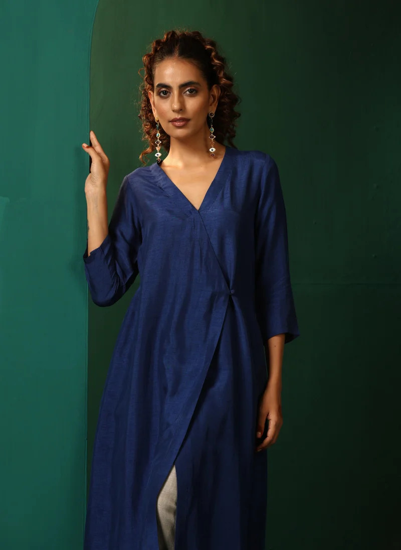 trueBrowns trueBrowns Blue Silk Angrakha Kurta Pant Set