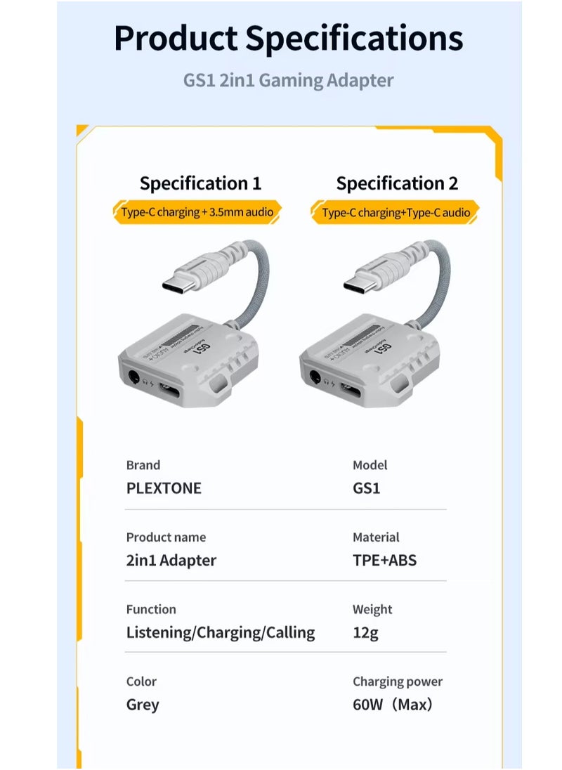 بليكستون - محول شحن  بليكستون GS1 سريع 2 في 1 من نوع Pd، من USB-c إلى منفذين تايب سي، من النوع C إلى كابل صوت، محول شحن سريع عالي الدقة بقوة 60 وات اللون ابيض - Image 1