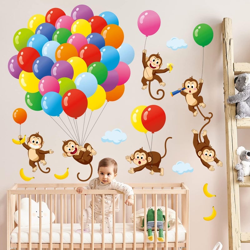 DECOWALL SG2202 Balloons Monkey Wall Stickers Cartoon Monkeys Decals for Kids Children Baby Bedroom Nursery Living Room Art Home Decor Decoration Removable - Image 2