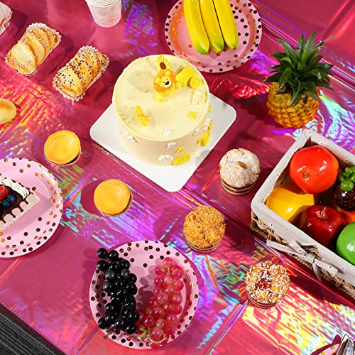 FunnyPars 4 Pack Hot Pink Iridescence Plastic Tablecloths Shiny Disposable Laser Rectangle Table Covers Holographic Foil Tablecloth Iridescent Party Decorations Birthday Bridal Wedding Christmas, 54 x 108 Inch - Image 5