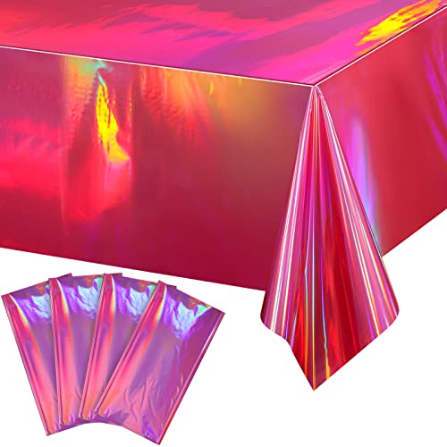 FunnyPars 4 Pack Hot Pink Iridescence Plastic Tablecloths Shiny Disposable Laser Rectangle Table Covers Holographic Foil Tablecloth Iridescent Party Decorations Birthday Bridal Wedding Christmas, 54 x 108 Inch - Image 1