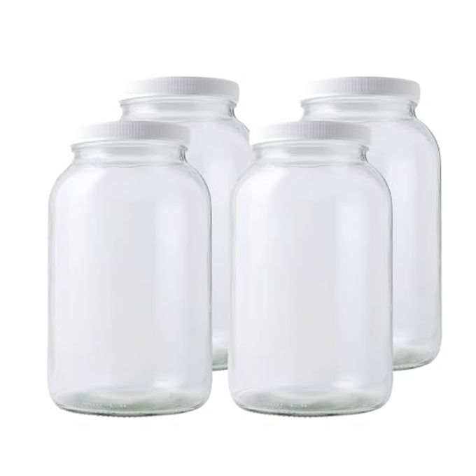 FastRack 1 Gallon Mason Jar with White Airtight Lid (Pack of 4) | Regular Glass Canisters with Airtight Lids | Large Mouth Glass Jar for Food Storage, Canning, Fermentation, Pickling