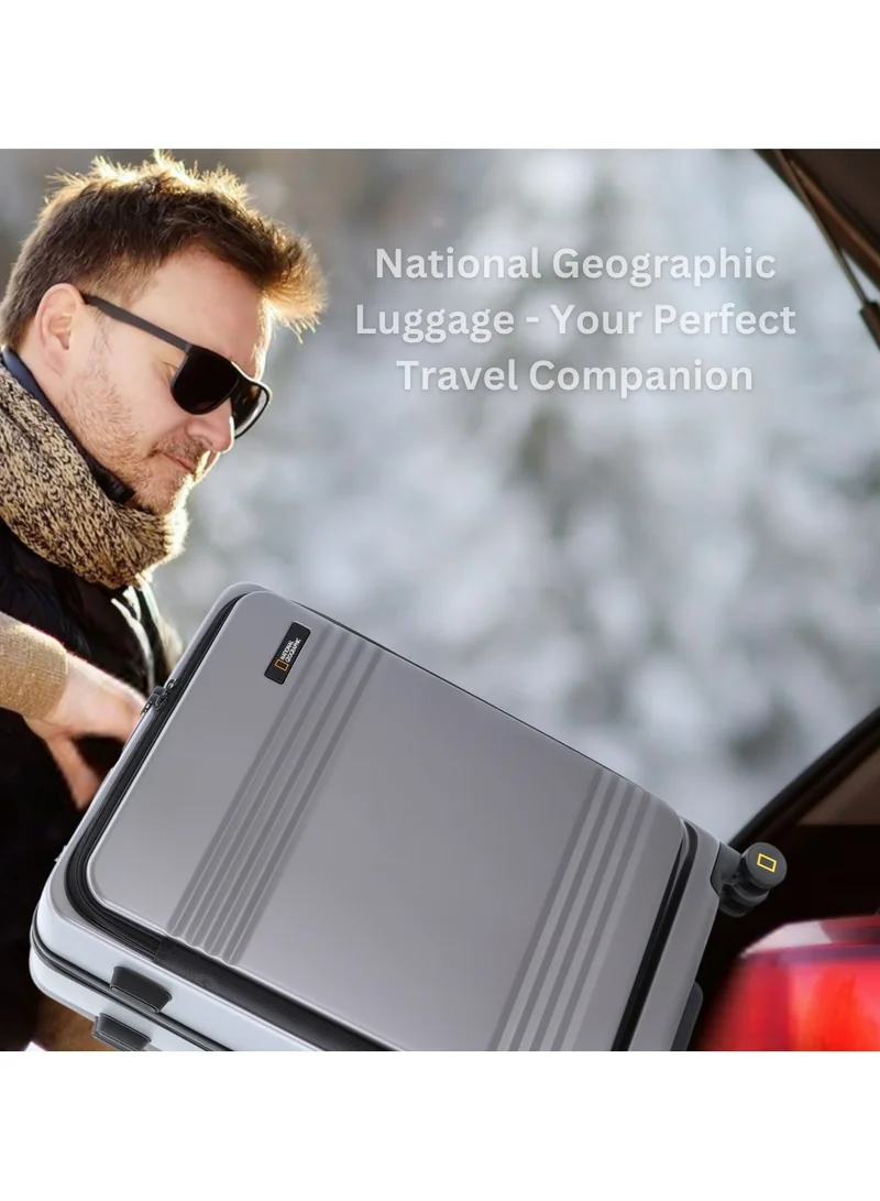 NATIONAL GEOGRAPHIC National Geographic Lodge Check-In Medium Travel Suitcase, 100% PC Durable Lightweight Hard Shell Expandable Luggage, 4 Double Wheel, TSA Lock Trolley Bag Silver (60 cm/24 Inch).