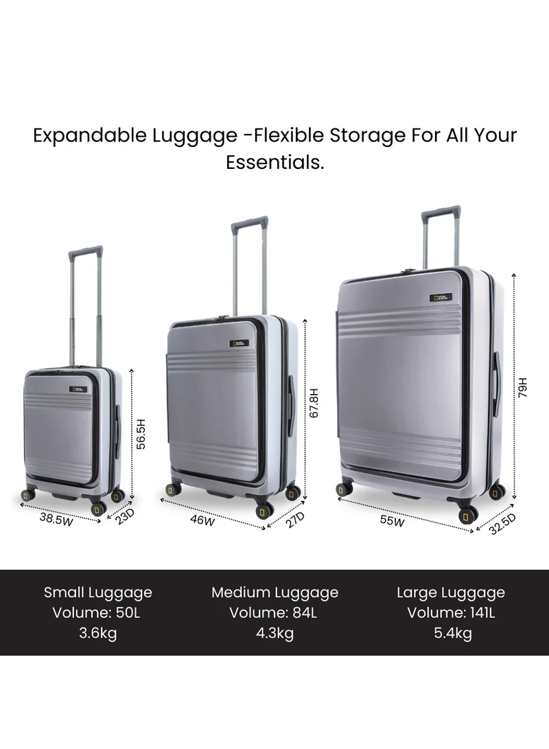 NATIONAL GEOGRAPHIC National Geographic Lodge Check-In Medium Travel Suitcase, 100% PC Durable Lightweight Hard Shell Expandable Luggage, 4 Double Wheel, TSA Lock Trolley Bag Silver (60 cm/24 Inch).
