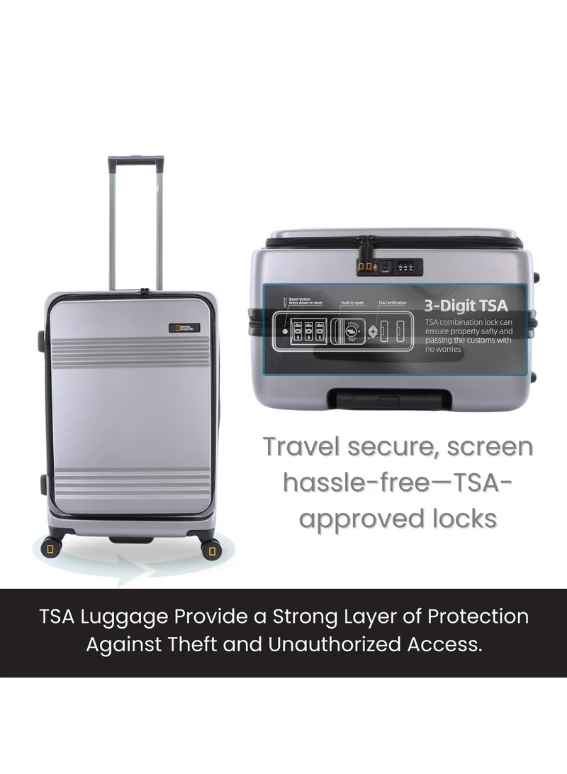 NATIONAL GEOGRAPHIC National Geographic Lodge Check-In Medium Travel Suitcase, 100% PC Durable Lightweight Hard Shell Expandable Luggage, 4 Double Wheel, TSA Lock Trolley Bag Silver (60 cm/24 Inch).
