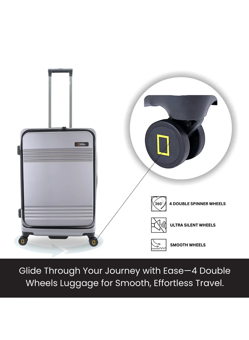 NATIONAL GEOGRAPHIC National Geographic Lodge Check-In Medium Travel Suitcase, 100% PC Durable Lightweight Hard Shell Expandable Luggage, 4 Double Wheel, TSA Lock Trolley Bag Silver (60 cm/24 Inch).