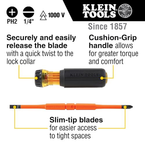 Klein Tools 32293 Insulated Screwdriver 2in1 Screwdriver Set with Flip Blade 2 Phillips and14Inch Slotted Tips DoubleEnded Blades - Image 3