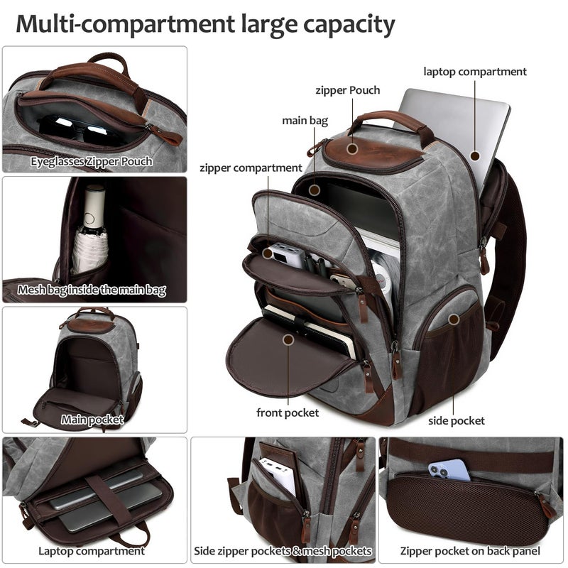 Shenhu Travel Laptop Backpack 17.3 Inch Xl Computer Backpack For Men Waxed Canvas College Daypack Business Backpack Gray - Image 3