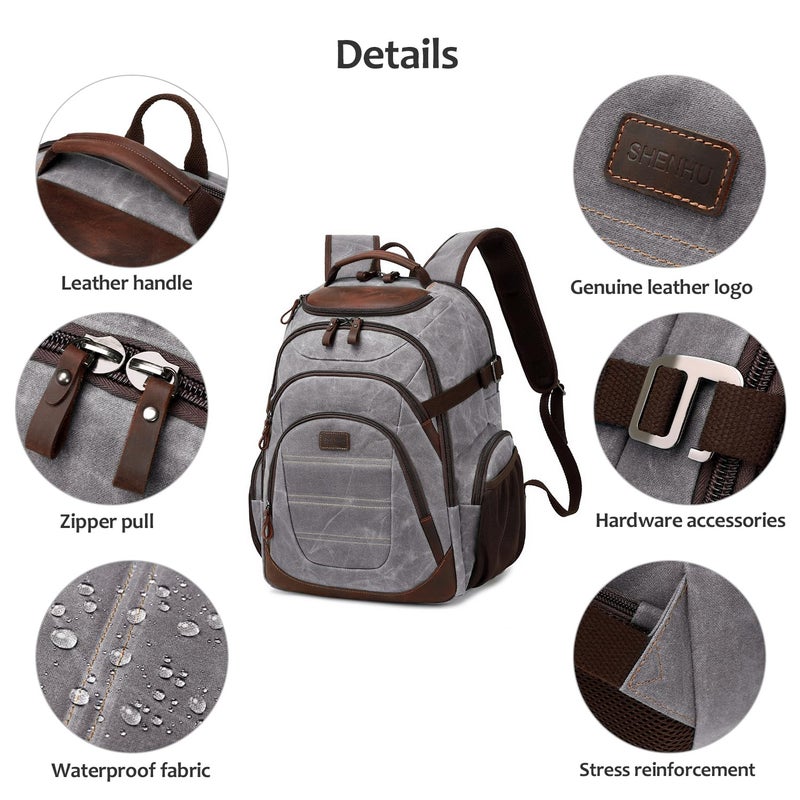 Shenhu Travel Laptop Backpack 17.3 Inch Xl Computer Backpack For Men Waxed Canvas College Daypack Business Backpack Gray - Image 5