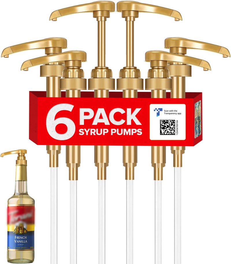little squirt syrup pump Torani Syrup Pump 6-Pack Gold, Coffee Syrup Pump Dispenser  - Image 1