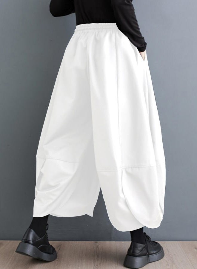 ellazhu Women's Puffy Drawstring Elastic Waist Drop Crotch Hakama Harem Wide Leg Pants GZ81 A, White, S-M - Image 2