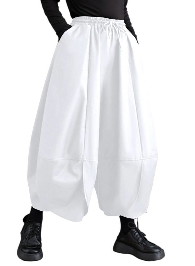 ellazhu Women's Puffy Drawstring Elastic Waist Drop Crotch Hakama Harem Wide Leg Pants GZ81 A, White, S-M - Image 1