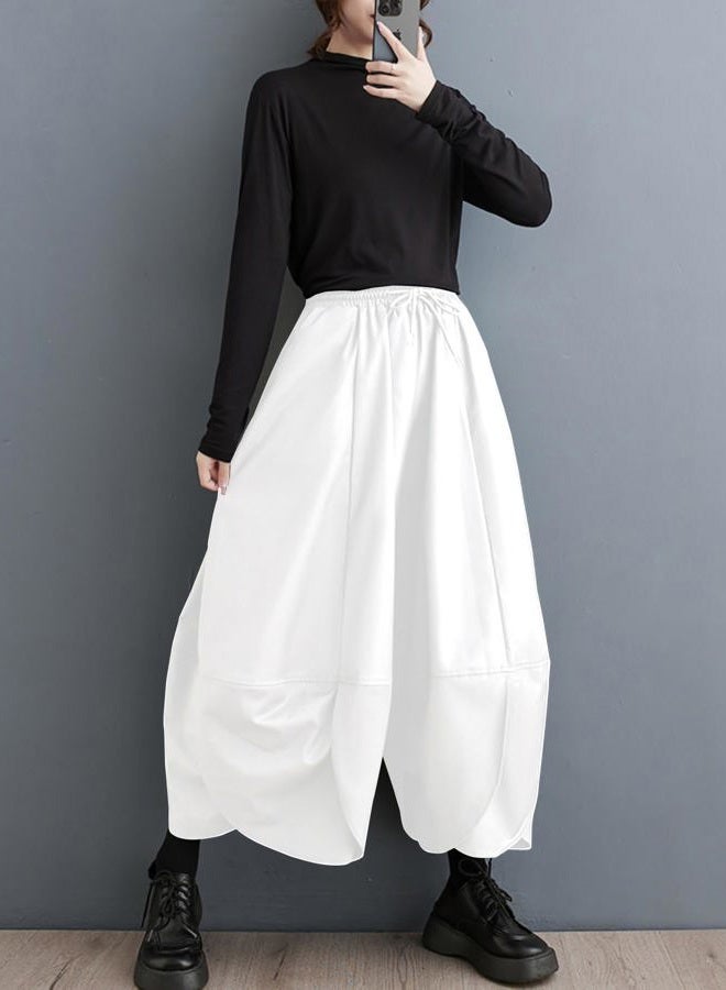 ellazhu Women's Puffy Drawstring Elastic Waist Drop Crotch Hakama Harem Wide Leg Pants GZ81 A, White, S-M - Image 3