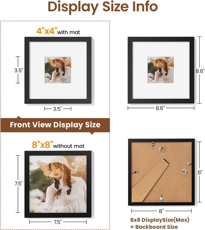 Heimlove طقم إطارات صور 8x8 مكون من 3 إطارات مع مات لعرض صورة 4x4، إطار صور بلاستيكي أسود للملصقات، الدبلومات، الشهادات والمستندات مع ديكور للطاولة والجدار - Image 4