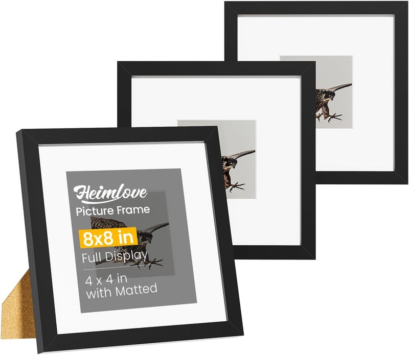 Heimlove طقم إطارات صور 8x8 مكون من 3 إطارات مع مات لعرض صورة 4x4، إطار صور بلاستيكي أسود للملصقات، الدبلومات، الشهادات والمستندات مع ديكور للطاولة والجدار - Image 1