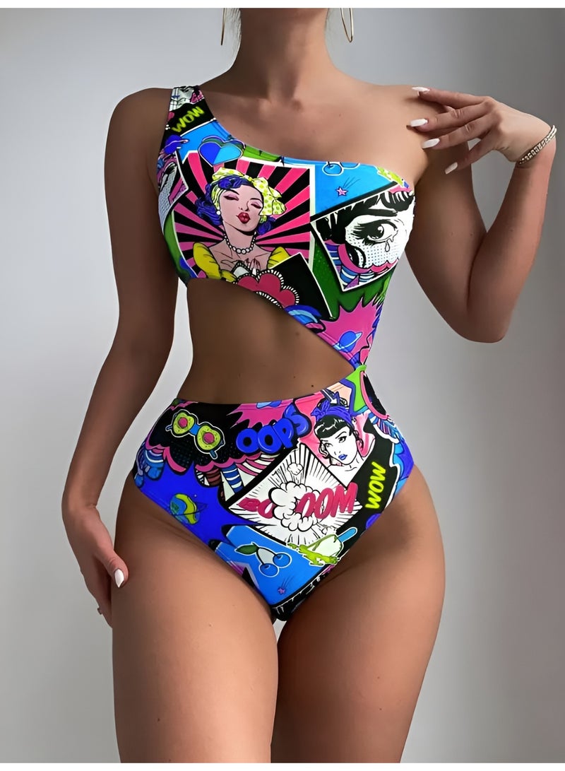 شارلي ملابس سباحة نسائية من قطعة واحدة - مونوكيني بكتف واحد وفتحات وطبعة كوميدية بوب آرت - ملابس سباحة مثيرة عالية القطع للشاطئ وحمام السباحة والمنتجعات - ملابس سباحة عصرية لقضاء العطلات - نمط ريترو ملون - قماش مطاطي مريح - مثالي للمراهقات والنساء - قطعة مميزة لافتة للنظر - الكمية محدودة - Image 2