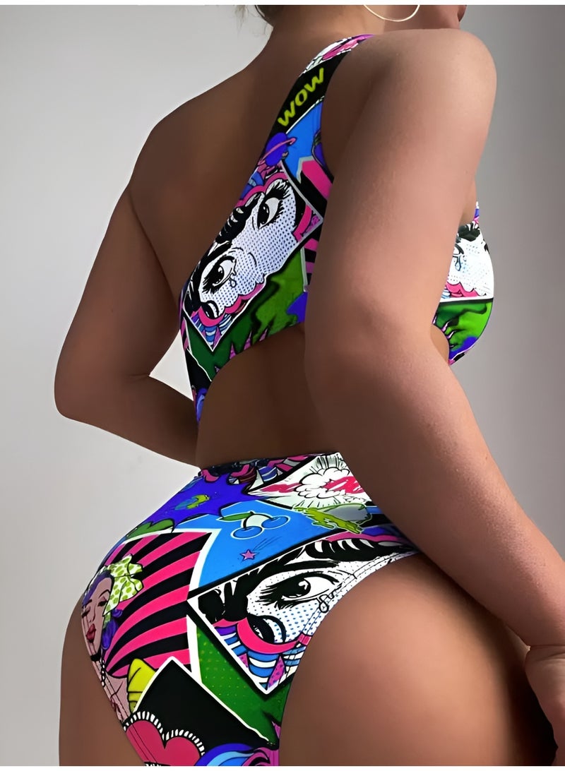شارلي ملابس سباحة نسائية من قطعة واحدة - مونوكيني بكتف واحد وفتحات وطبعة كوميدية بوب آرت - ملابس سباحة مثيرة عالية القطع للشاطئ وحمام السباحة والمنتجعات - ملابس سباحة عصرية لقضاء العطلات - نمط ريترو ملون - قماش مطاطي مريح - مثالي للمراهقات والنساء - قطعة مميزة لافتة للنظر - الكمية محدودة - Image 3