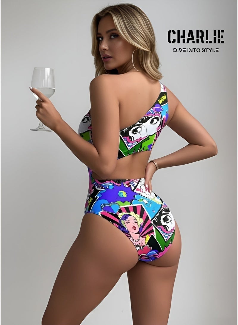 شارلي ملابس سباحة نسائية من قطعة واحدة - مونوكيني بكتف واحد وفتحات وطبعة كوميدية بوب آرت - ملابس سباحة مثيرة عالية القطع للشاطئ وحمام السباحة والمنتجعات - ملابس سباحة عصرية لقضاء العطلات - نمط ريترو ملون - قماش مطاطي مريح - مثالي للمراهقات والنساء - قطعة مميزة لافتة للنظر - الكمية محدودة - Image 3