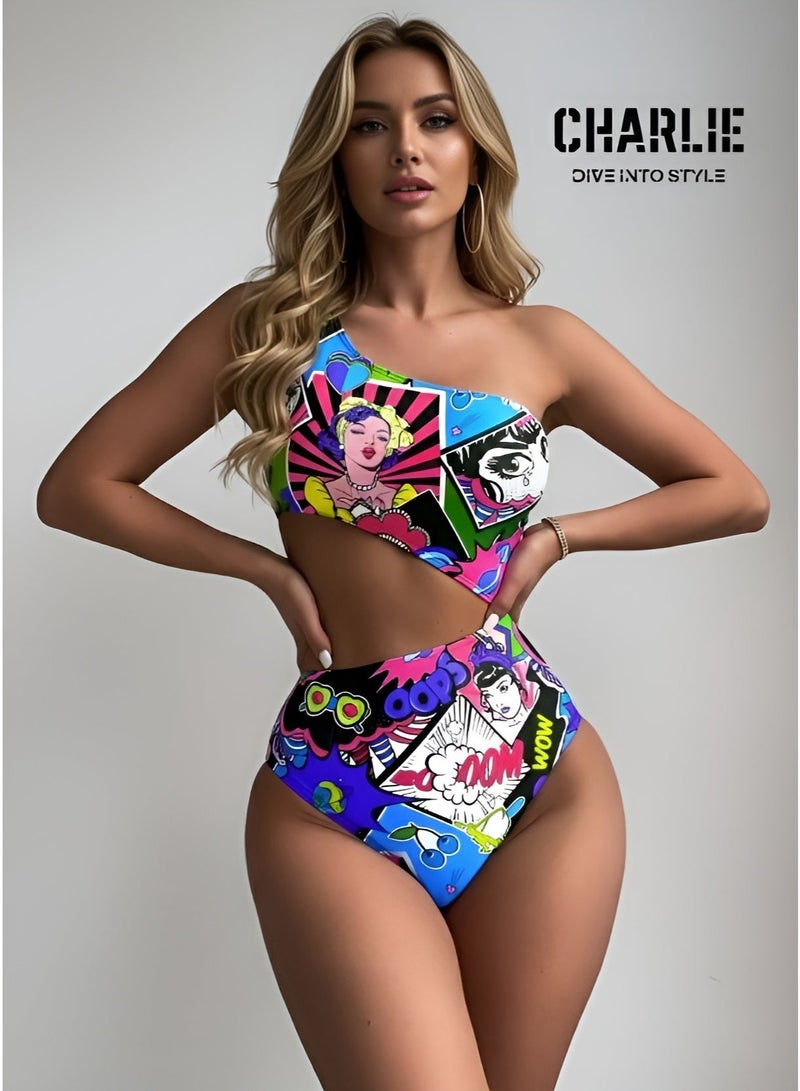 شارلي ملابس سباحة نسائية من قطعة واحدة - مونوكيني بكتف واحد وفتحات وطبعة كوميدية بوب آرت - ملابس سباحة مثيرة عالية القطع للشاطئ وحمام السباحة والمنتجعات - ملابس سباحة عصرية لقضاء العطلات - نمط ريترو ملون - قماش مطاطي مريح - مثالي للمراهقات والنساء - قطعة مميزة لافتة للنظر - الكمية محدودة - Image 1