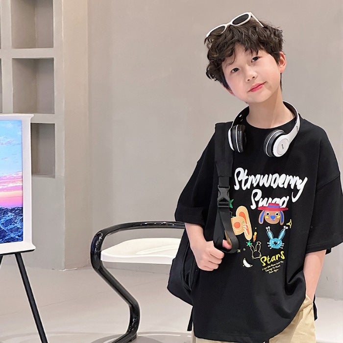 Summer Boys' Pure Cotton Short-Sleeve T-Shirt 2026 New Style For Older Children, Stylish Streetwear Summer Thin Half-Sleeve Tee Trendy - Image 1