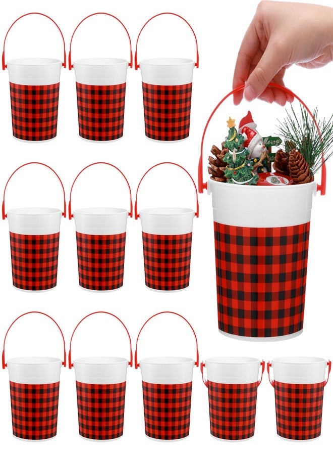 Yiyiring 12 Pcs Christmas Plastic Bucket with Handle 4.69 x 3.78 x 4.8 Inch Treats Storage Pails 32 oz Red and Black Buffalo Plaid Candy Bucket for Xmas Winter Holidays Party Favors - Image 1