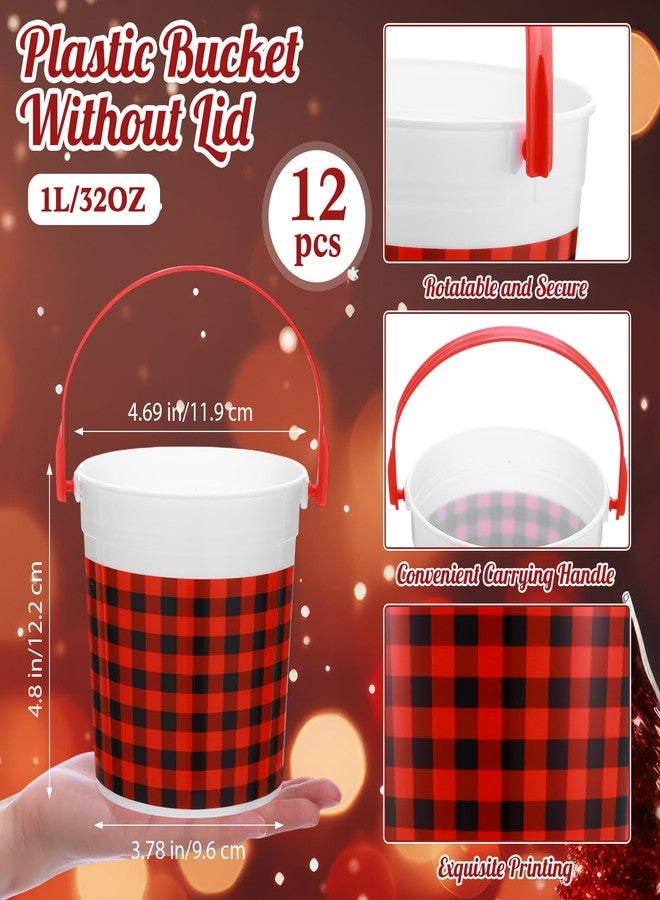Yiyiring 12 Pcs Christmas Plastic Bucket with Handle 4.69 x 3.78 x 4.8 Inch Treats Storage Pails 32 oz Red and Black Buffalo Plaid Candy Bucket for Xmas Winter Holidays Party Favors - Image 2