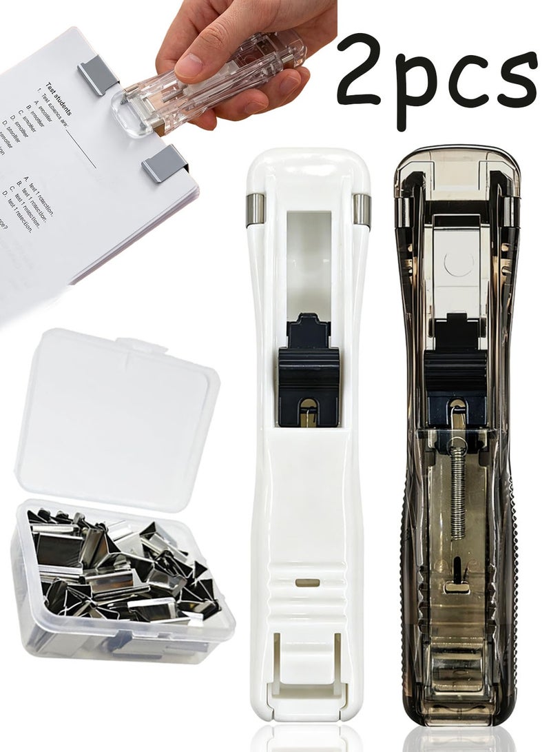 2Pcs Creative Portable Stapleless Stapler No Hole Binding Push Clip Stapler Dispenser With 50 Reusable Stainless Steel Refill Clips, Multi Use Office Document School Supplies - Image 1