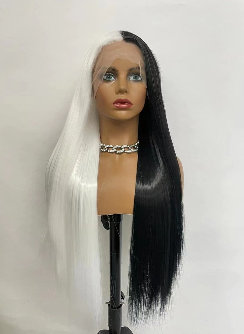 شعر مستعار بدانتيل أمامي للنساء نصف أسود ونصف أبيض طويل مستقيم 13 * 3 شعر مستعار بدانتيل أمامي مقاوم للحرارة شعر صناعي بدون صمغ شعر مستعار يومي مكياج كوسبلاي - Image 1
