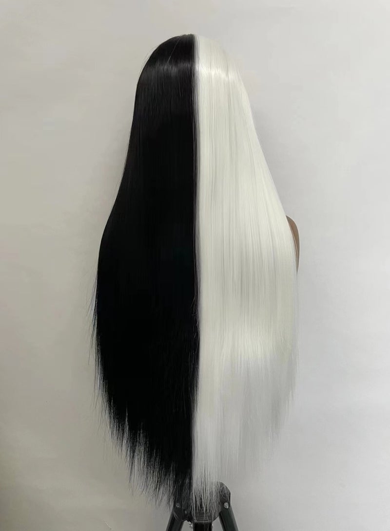 شعر مستعار بدانتيل أمامي للنساء نصف أسود ونصف أبيض طويل مستقيم 13 * 3 شعر مستعار بدانتيل أمامي مقاوم للحرارة شعر صناعي بدون صمغ شعر مستعار يومي مكياج كوسبلاي - Image 4