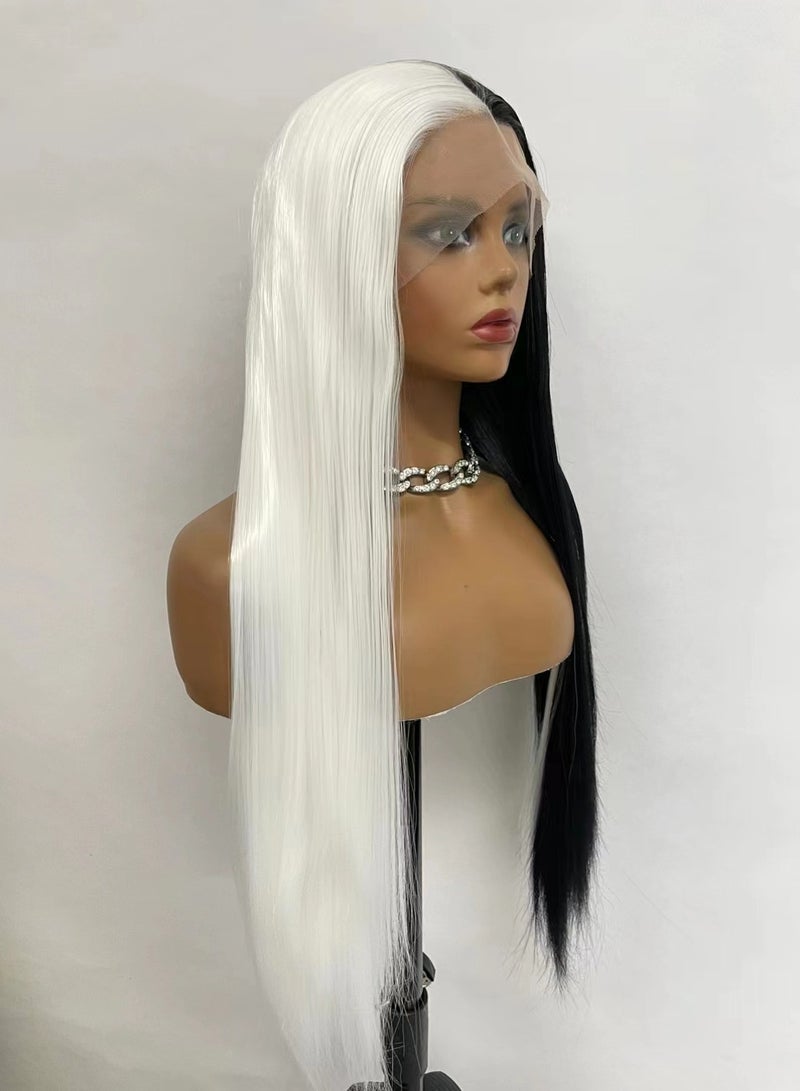 شعر مستعار بدانتيل أمامي للنساء نصف أسود ونصف أبيض طويل مستقيم 13 * 3 شعر مستعار بدانتيل أمامي مقاوم للحرارة شعر صناعي بدون صمغ شعر مستعار يومي مكياج كوسبلاي - Image 2