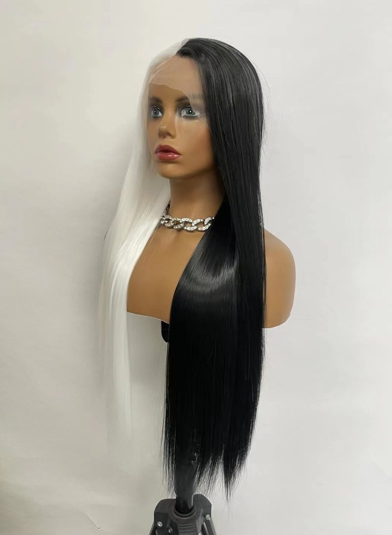 شعر مستعار بدانتيل أمامي للنساء نصف أسود ونصف أبيض طويل مستقيم 13 * 3 شعر مستعار بدانتيل أمامي مقاوم للحرارة شعر صناعي بدون صمغ شعر مستعار يومي مكياج كوسبلاي - Image 3