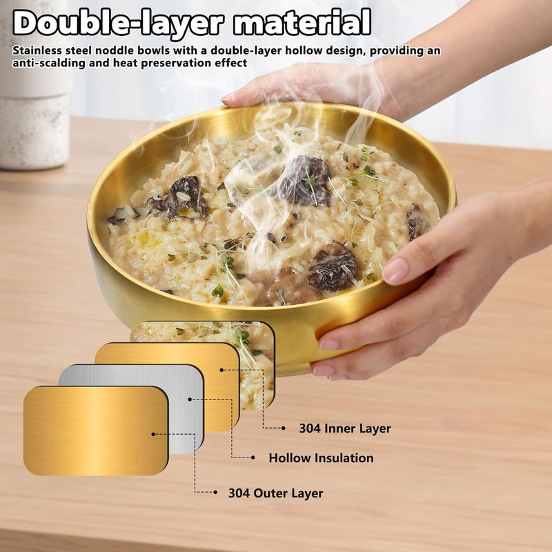 Roucerlin 2Pcs 9 Gold 304 Stainless Steel Soup Bowl 43Oz Deep Mixing Bowl Double Walled Salad Container Durable Ramen Rice Noddle Insulated Sashimi Dish Serving for Home Restaurant Buffet BBQ - Image 2